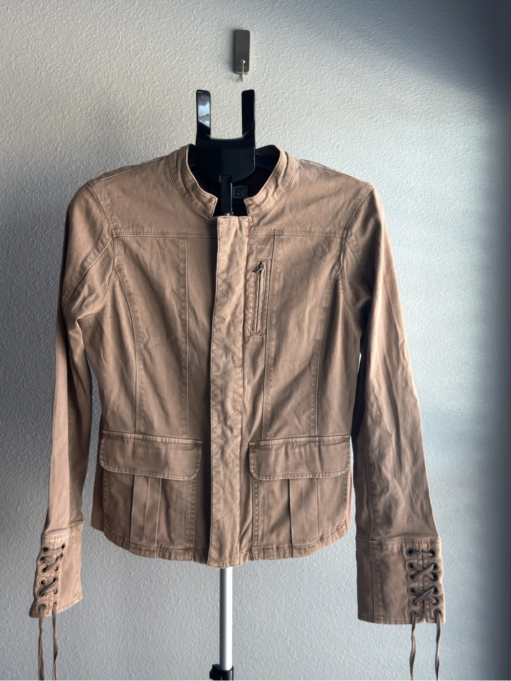 Women's Light Brown Lace-Cuff 98% Cotton Moto Jacket- Size M Medium